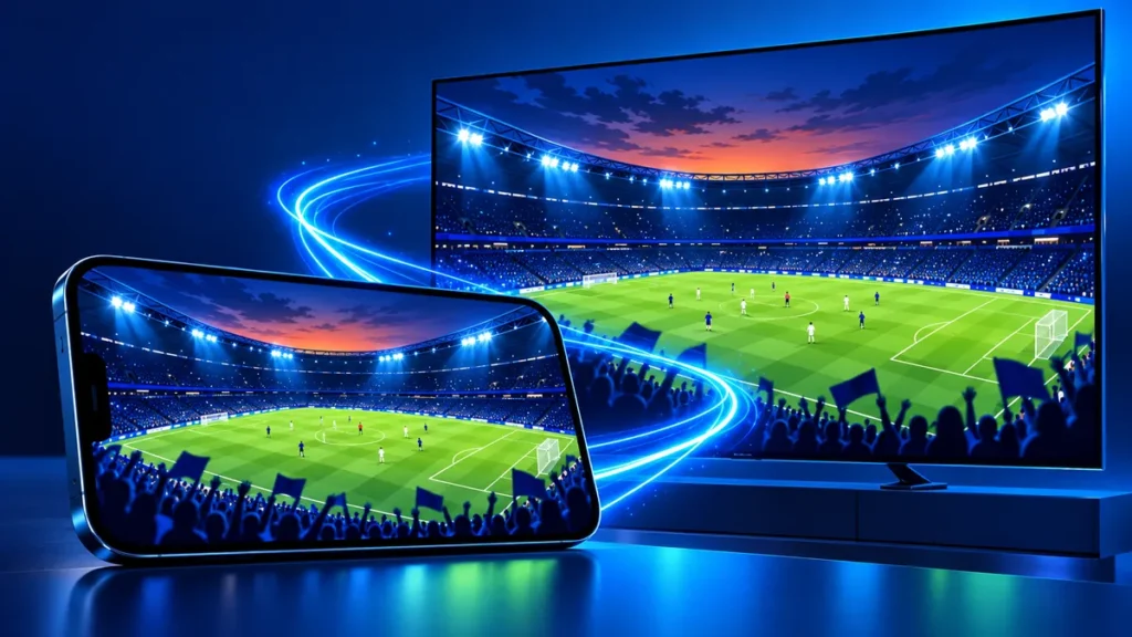 K리그 중계 보는 법을 상징하는 스마트폰과 TV 속 축구장 일러스트