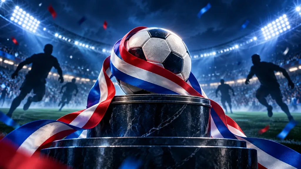 손흥민 월드컵 기록 테마의 시상대 위 축구공 일러스트
